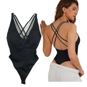 Ribbed Bodysuit Black XL Sculpting Compression Tummy Control